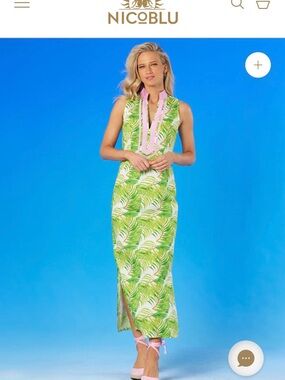 NicoBlu NWT Green Palm Leaf Print Maxi Dress Palm Beach Pink and Green Size 8